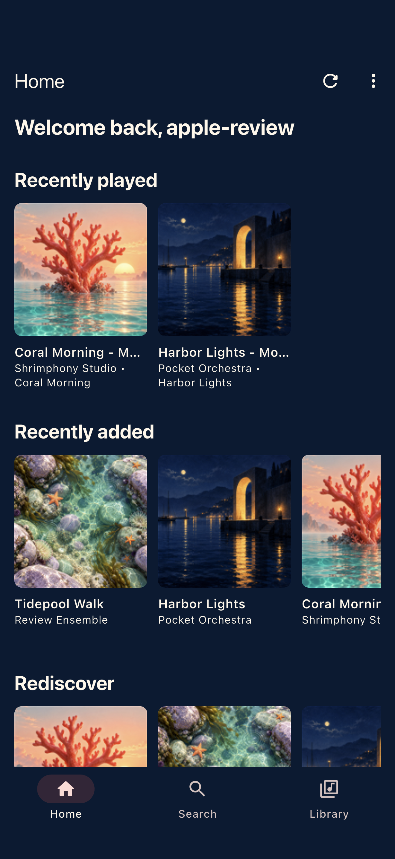 Shrimphony Home showing recent albums from a personal Jellyfin library