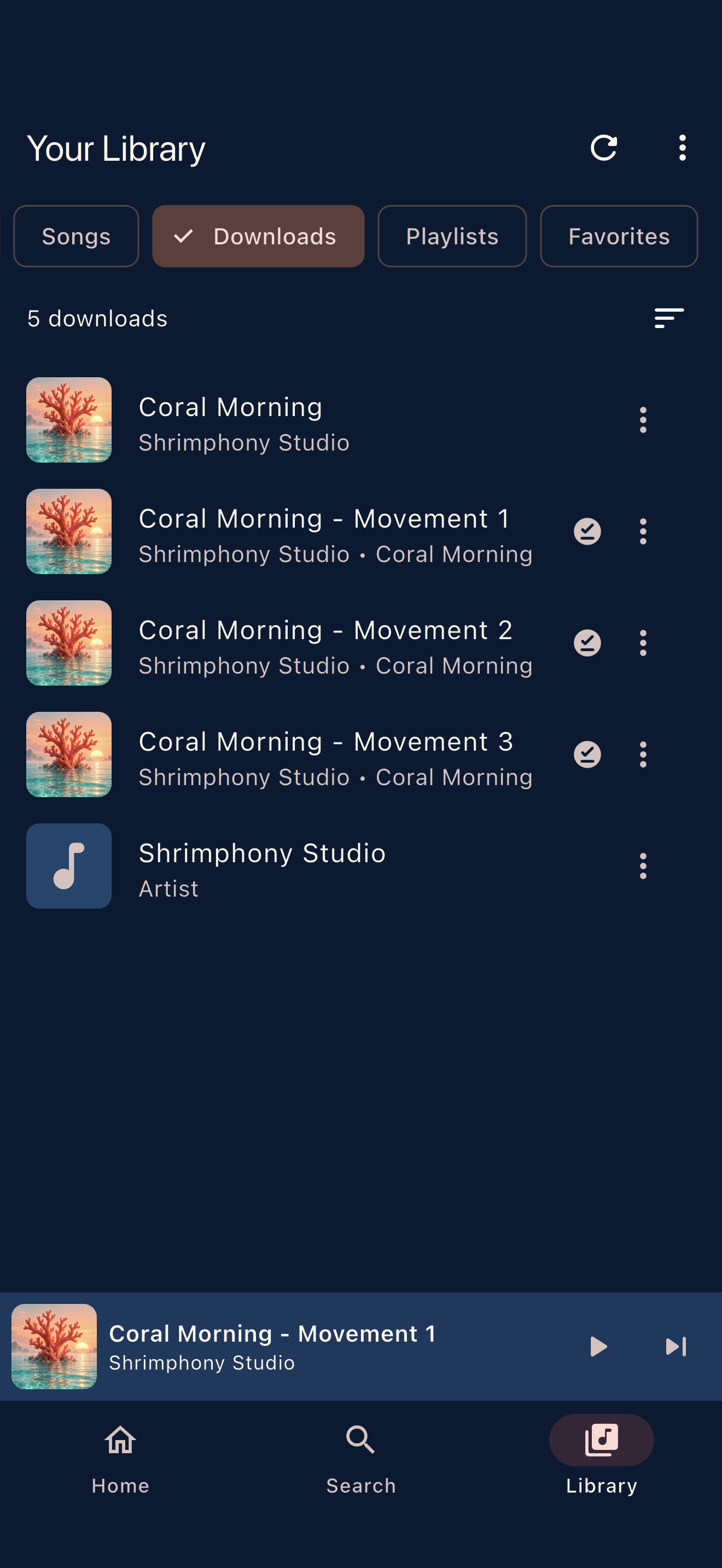Downloaded music available on the device
